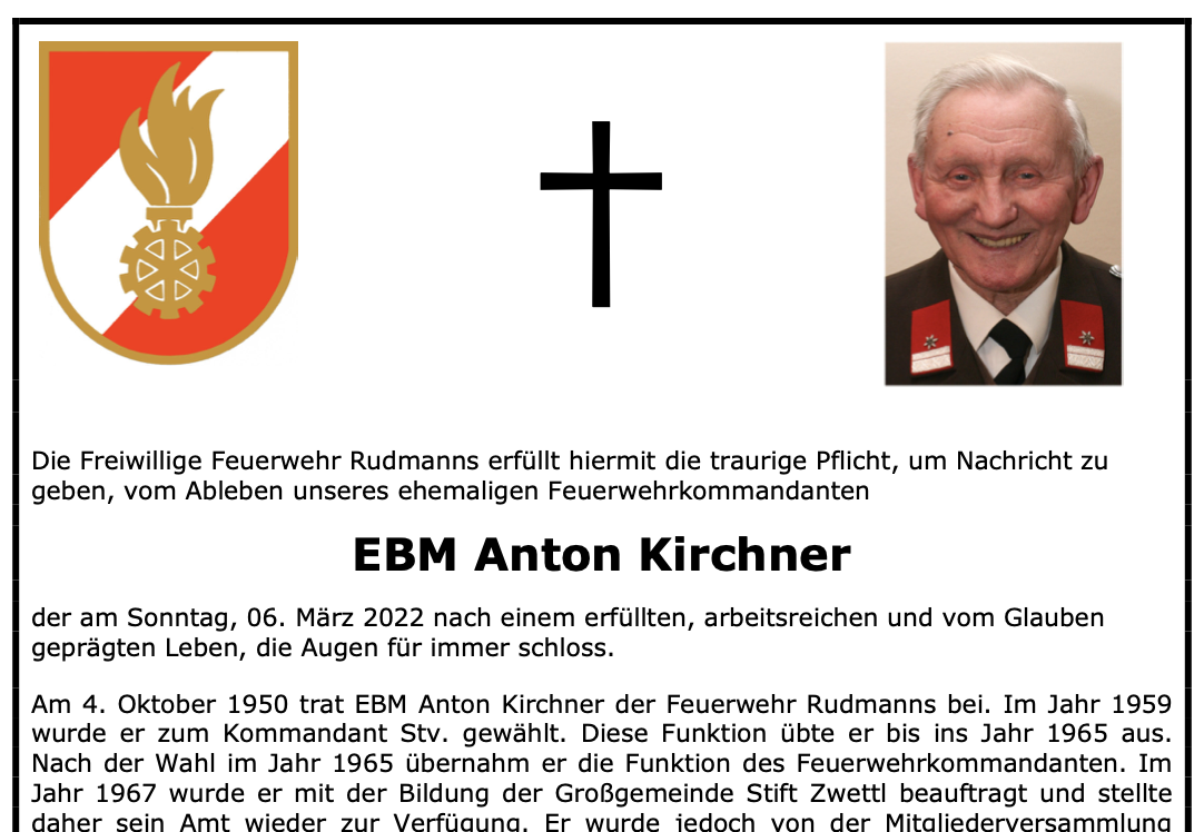 Nachruf FF Rudmanns Anton Kirchner